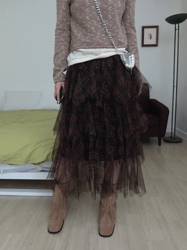 ♥︎ONLY VIVIC♥︎CHECK MESH CAN CAN SKIRT (BROWN)