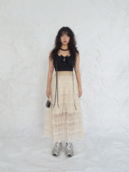 WRINKLE CHIFFON CAN CAN LONG SKIRT (BEIGE, BLACK 2COLORS!)
